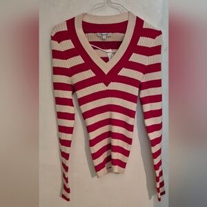 Madewell Red and Cream Striped V-Neck Sweater SZ.M NWT